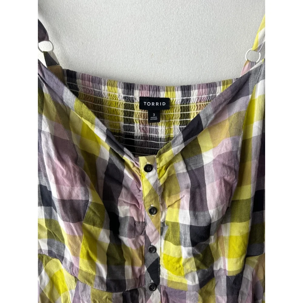 Torrid Plaid Challis Button Front Midi Dress Size 3 Yellow Purple - Picture 6 of 7